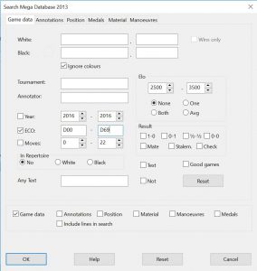 1st Chessbase Search screen, selecting a range of ECO codes to search on